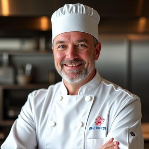 Portrait souriant du Chef Pierre Lefevre, coiffé de sa toque, en cuisine.
