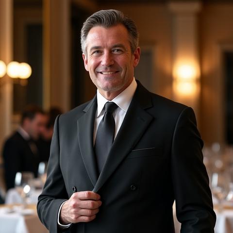 Portrait élégant de Marc Fournier, maître d'hôtel, en costume.