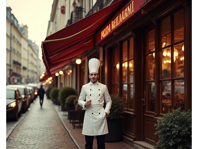 Photo d'archive de la fondation de Gastronome & Co. à Paris, montrant la façade originale et un chef cuisinier de l'époque.