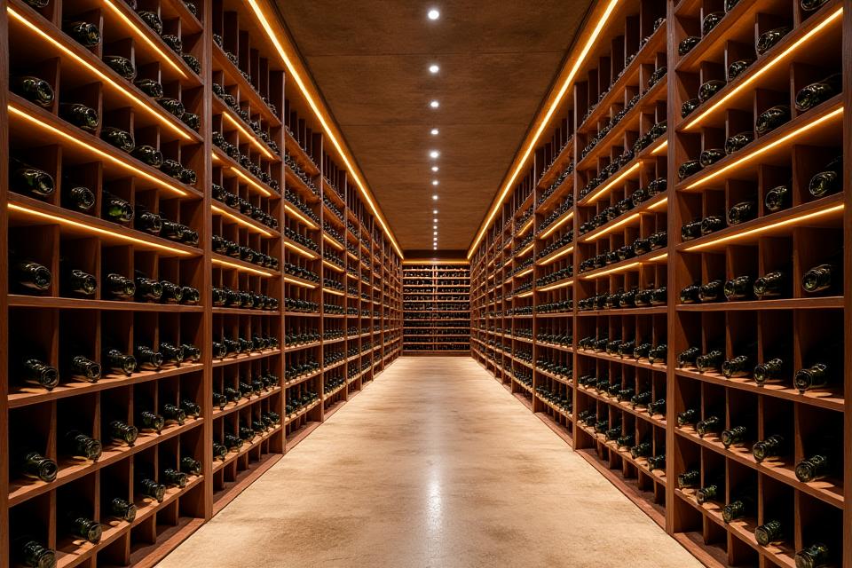 Vue intérieure d'une cave à vin souterraine luxueuse avec des rangées de bouteilles et un éclairage tamisé