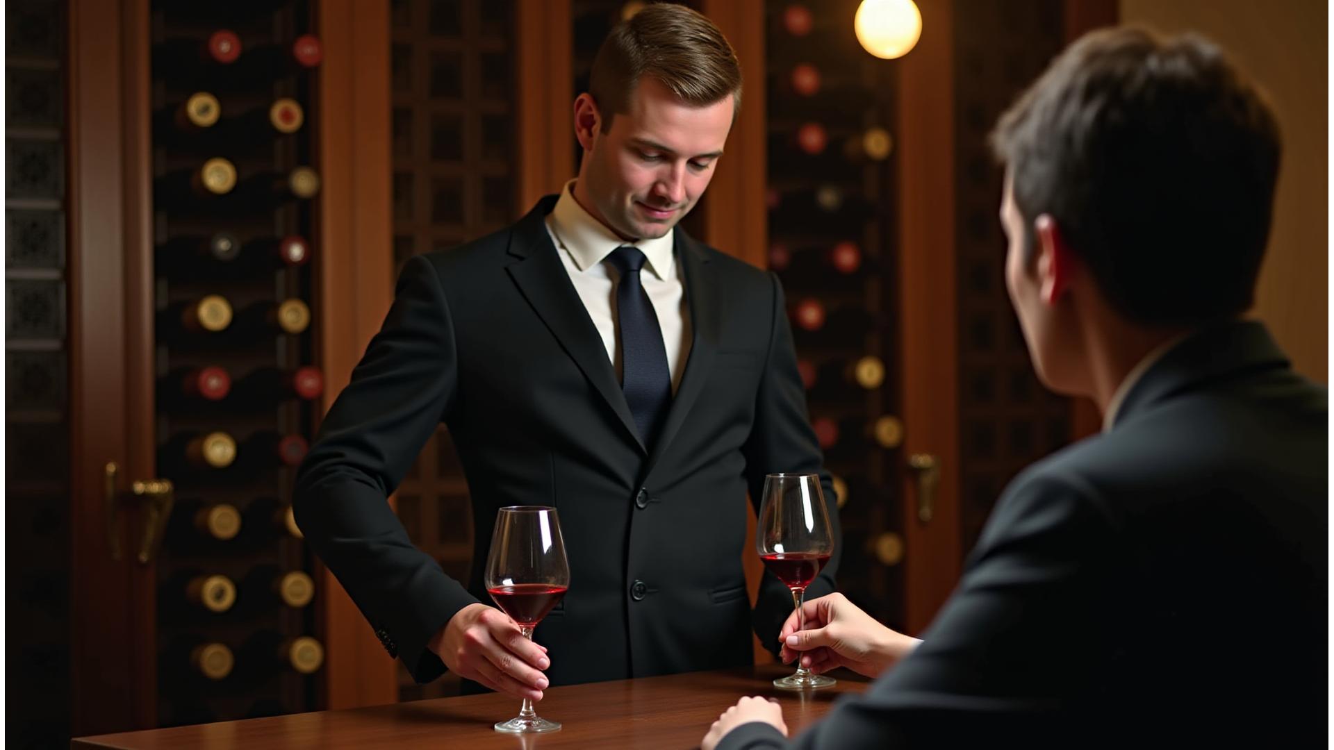 Sommelier présentant un accord mets et vins dans une cave à vin prestigieuse.