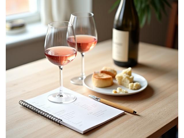 Verrerie de vin et fromage sur une table en bois clair, lumière douce