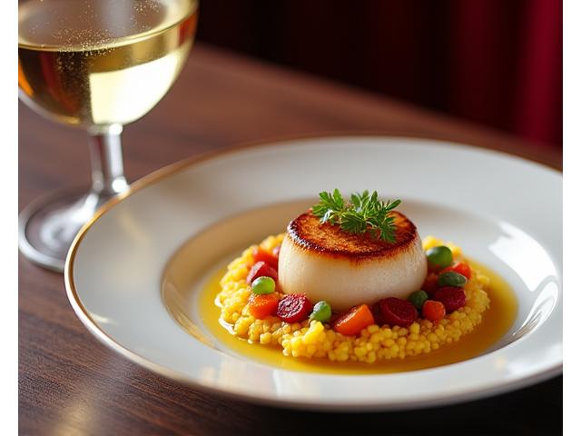 Plat gastronomique délicat avec un verre de vin rouge prêt à être servi
