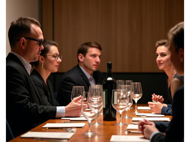 Sommelier expliquant une bouteille de vin à un petit groupe attentif