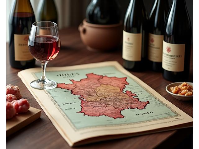 Bouteilles de vin et verre devant une carte de vignobles français