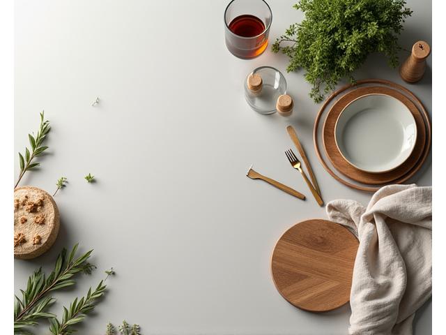 Ustensiles de cuisine élégants, planches à découper en bois et vaisselle artisanale pour embellir la table.