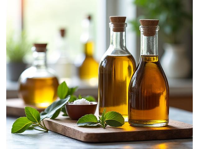 Bouteilles d'huiles d'olive extra vierge et vinaigres balsamiques artisanaux de qualité supérieure.