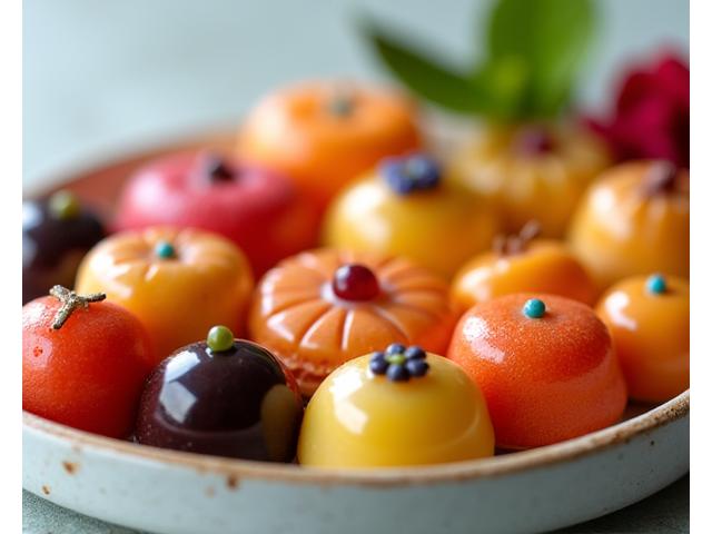 Assortiment de chocolats fins, macarons colorés et pâtes de fruits artisanales dans une boîte élégante.