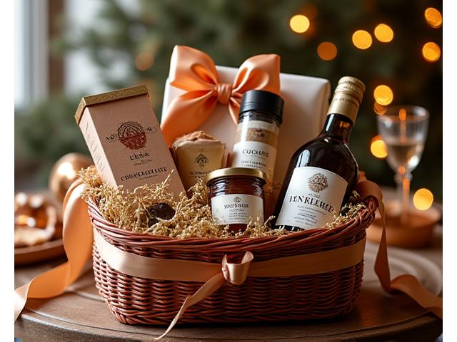 Un panier cadeau élégamment emballé, rempli de produits gastronomiques: vin, chocolat, terrines, confitures et biscuits fins.