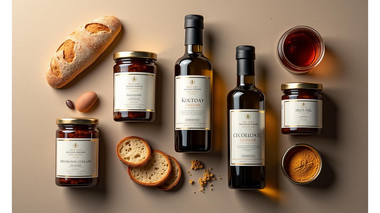 Assortiment de produits d'épicerie fine Gastronome & Co. avec élégant packaging, comprenant huiles d'olive, confitures, miels et chocolats fins.
