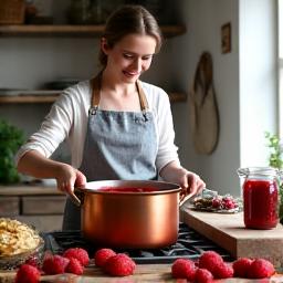 Portrait d'une artisanale préparant des confitures dans une cuisine lumineuse.