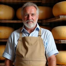 Portrait d'un fromager artisanal avec une meule de fromage.