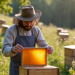 Portrait d'un apiculteur rural avec des ruches en arrière-plan.