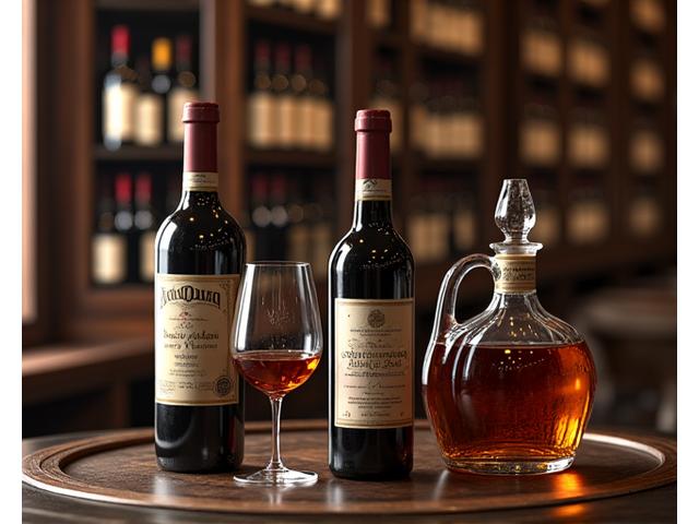 Bouteilles de vin rouge Grand Cru, champagne et spiritueux raffinés sur un fond de cellier en bois.
