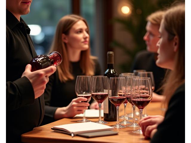Sommelier expliquant une bouteille de vin lors d'une dégustation