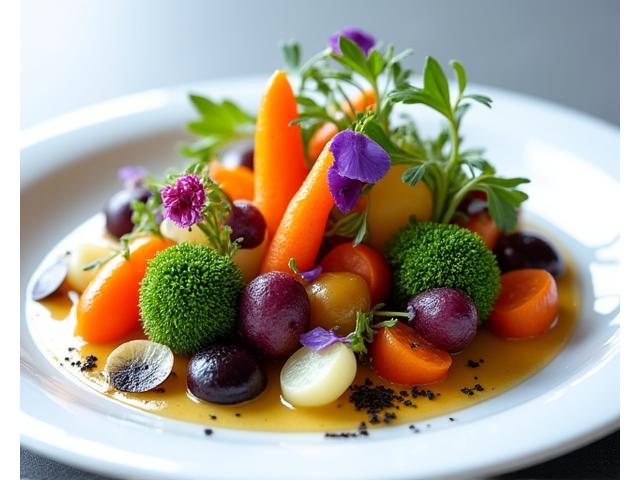 Plat végétarien gastronomique avec légumes d'antan et herbes fraîches