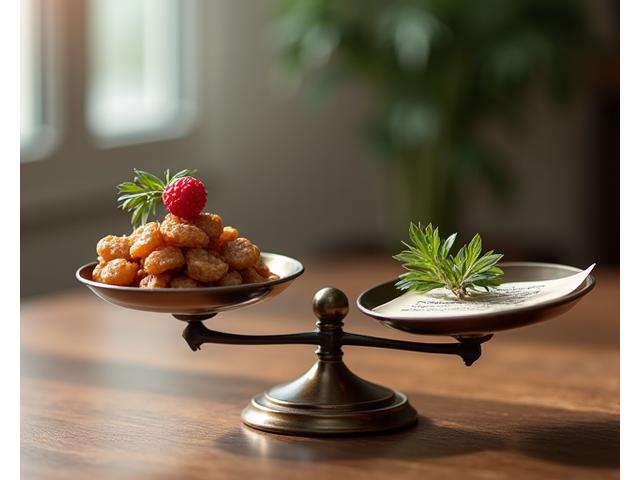 Illustration d'une balance de justice stylisée avec des éléments culinaires