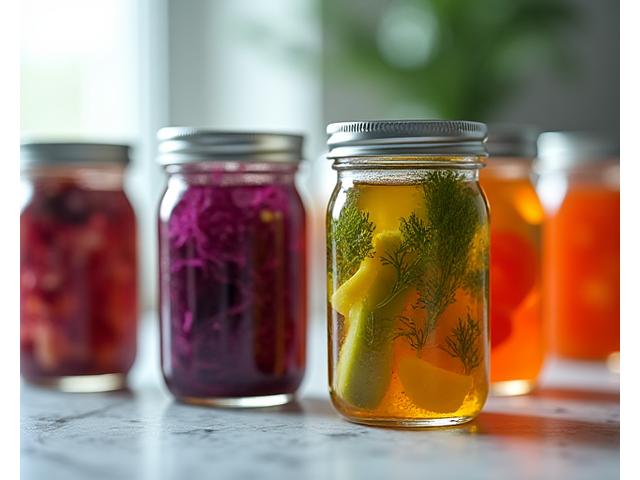 Bocaux de fruits et légumes fermentés avec des bulles, dans un environnement de cuisine de laboratoire.