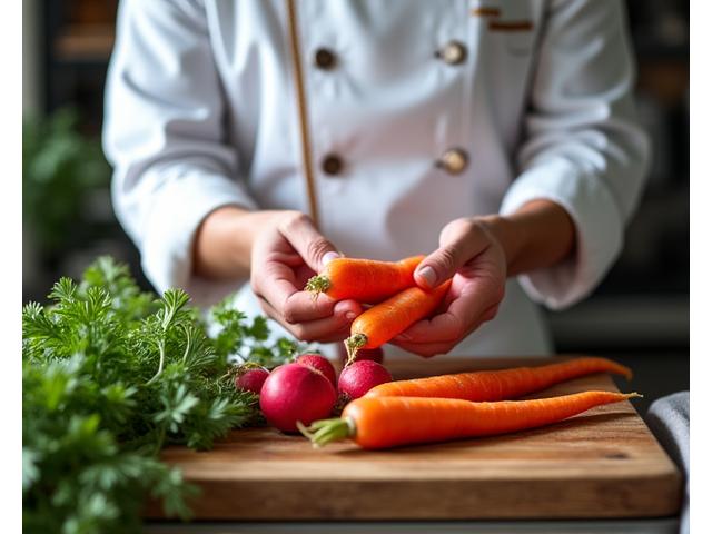 Un chef de Gastronome & Co. inspectant de jeunes légumes biologiques dans une cuisine lumineuse.