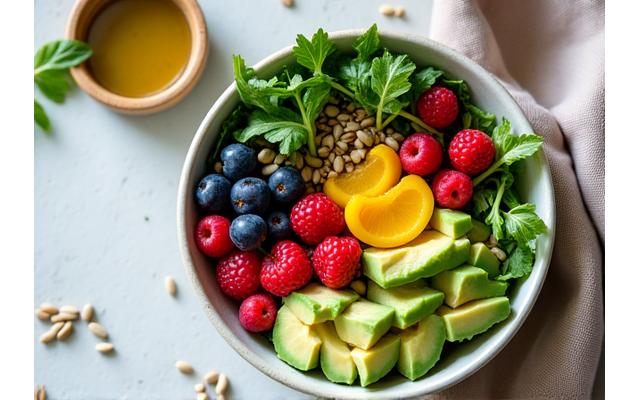 Bol de repas détox frais et coloré avec des herbes aromatiques.
