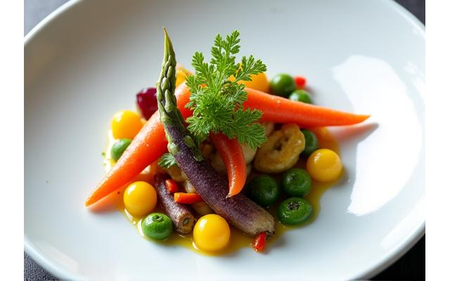 Plat végétarien gastronomique, coloré et élégamment dressé.