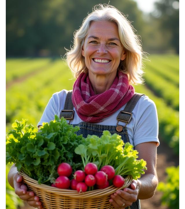 Une agricultrice souriante dans son champ de légumes biologiques, avec des paniers de récolte.