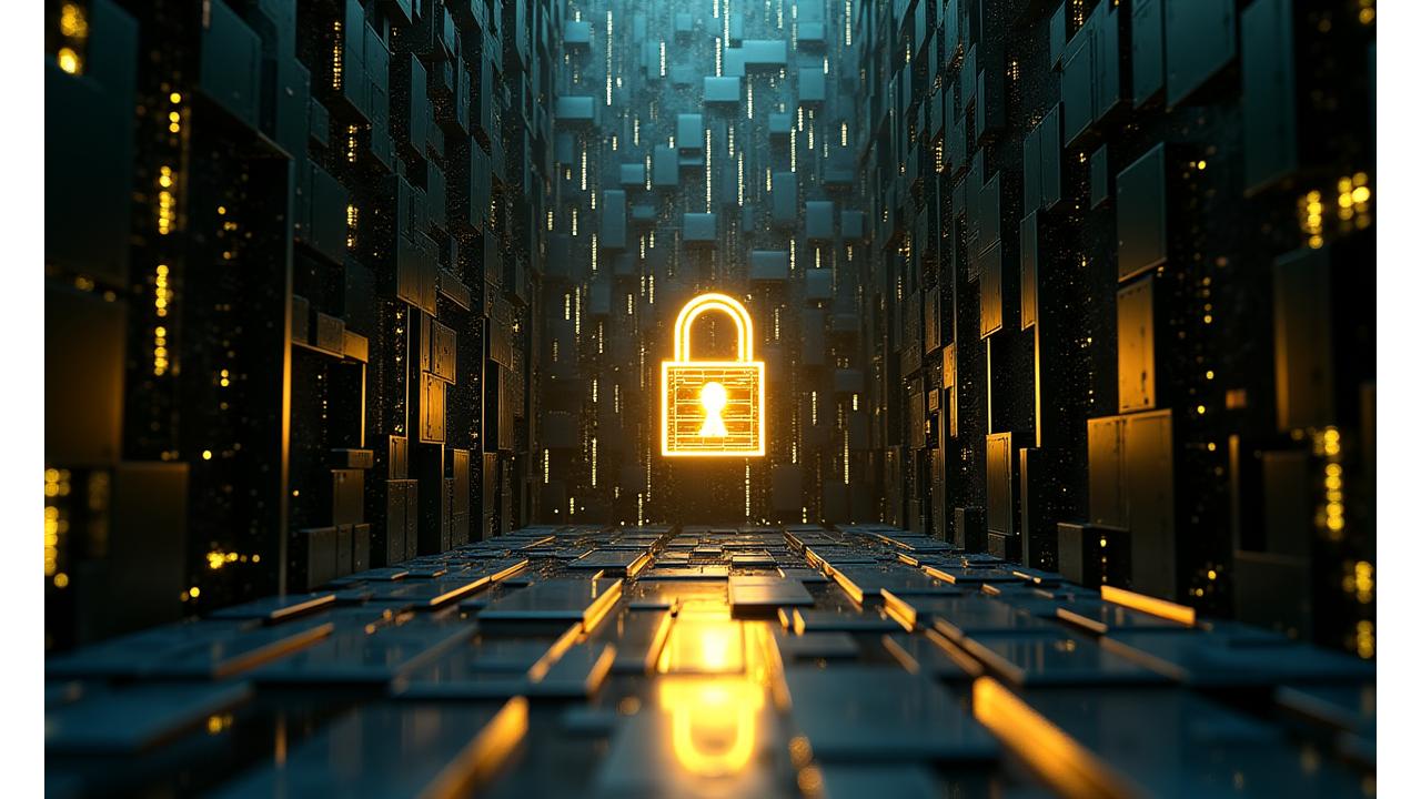 Illustration d'un cadenas numérique et d'éléments de cybersécurité flotant au-dessus d'une structure de données abstraite et sécurisée, le tout dans un environnement numérique sophistiqué