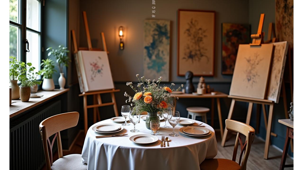 Atmosphère intime d'un atelier d'artiste caché avec des tables dressées et des bougies