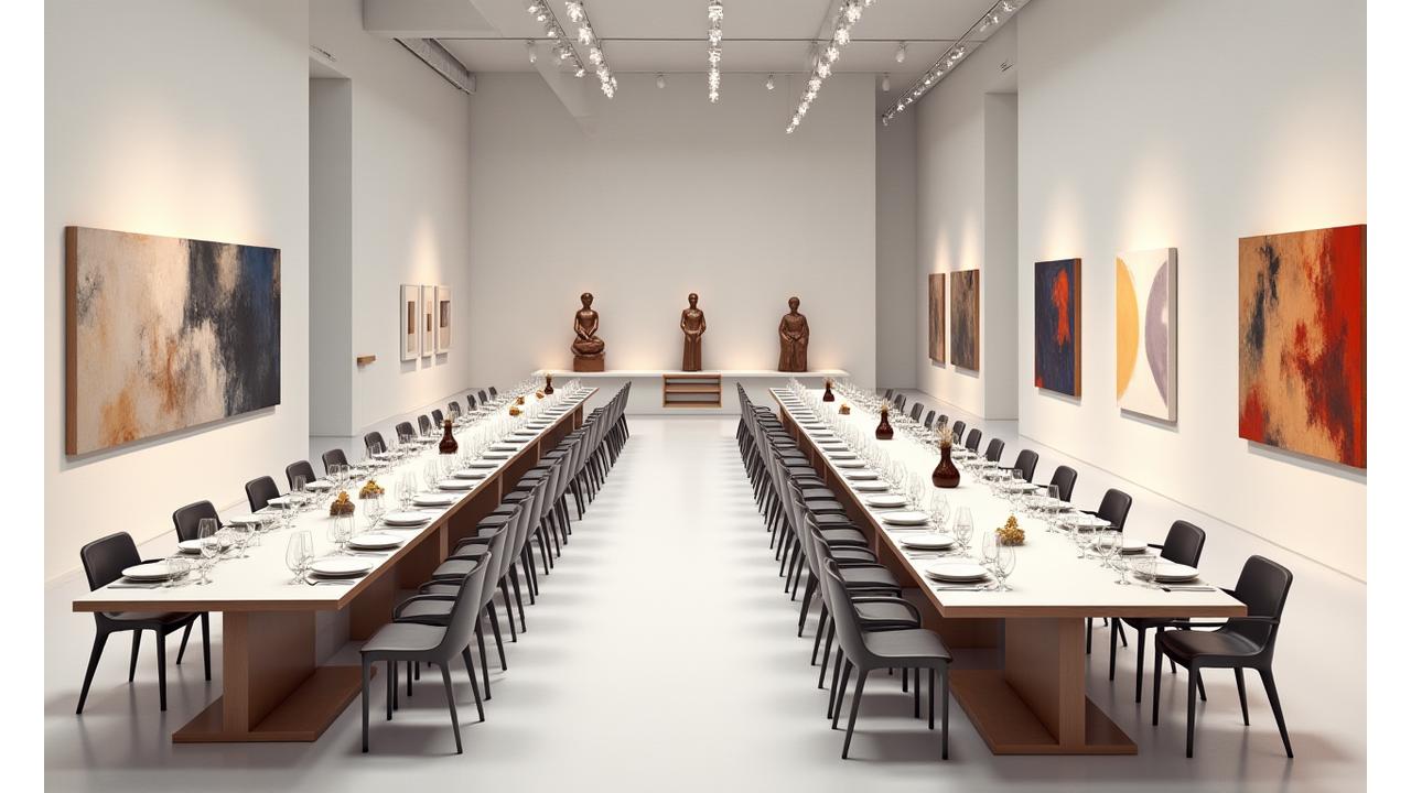 Intérieur d'une galerie d'art parisienne transformée en restaurant pop-up, avec œuvres modernes