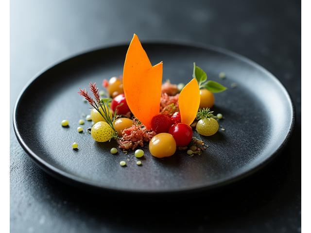 Plat gastronomique présenté comme une œuvre d'art sur une assiette sombre
