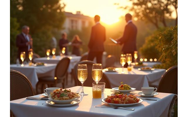 Brunch élégant en extérieur avec groupe de jazz en arrière-plan