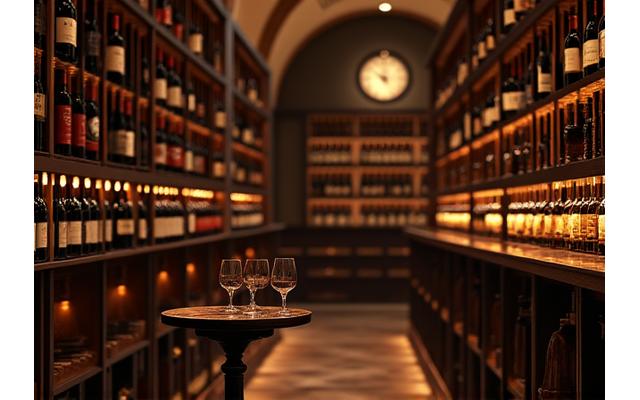 Cave à vin exclusive avec bouteilles rares, lumière tamisée et table de dégustation élégante