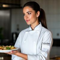 Portrait de la Cheffe Camille Leblanc concentrée sur un plat raffiné