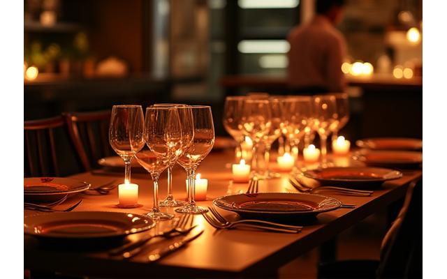 Dîner romantique aux chandelles dans une cuisine de chef éclairée, chef en arrière-plan
