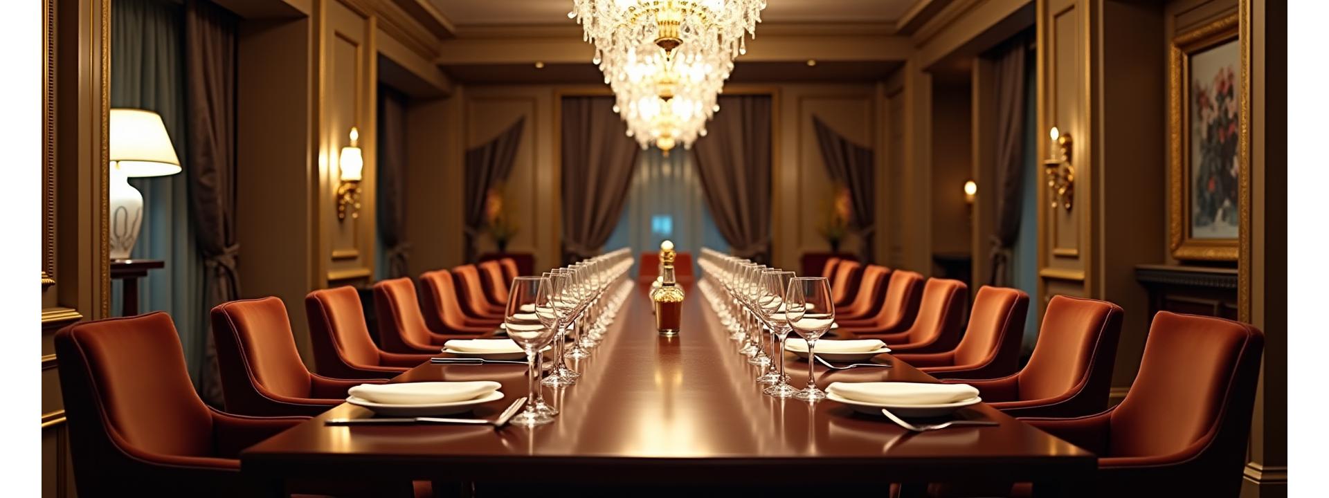 Salle de restaurant privatisée luxe avec table dressée élégamment et chandelier imposant