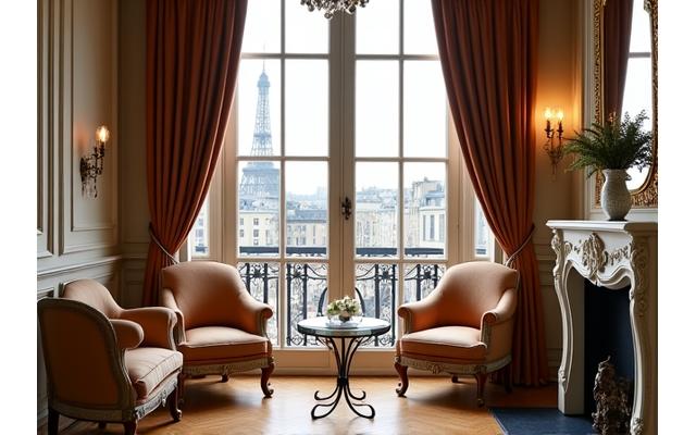 Salon privé parisien haut de gamme avec vue sur la Seine, mobilier design et ambiance feutrée