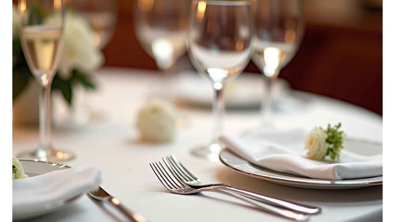 Table dressée avec vaisselle fine et éclairage chaleureux
