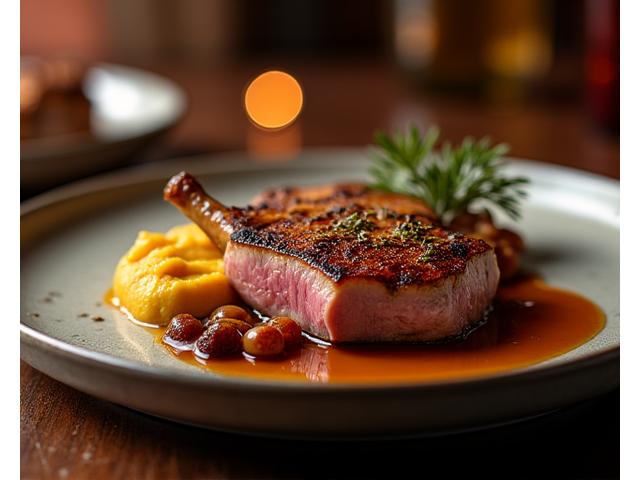 Menu d'automne avec velouté de cèpes et canard