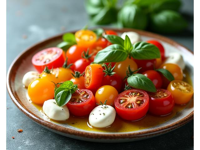 Menu d'été avec tomates anciennes et loup de mer