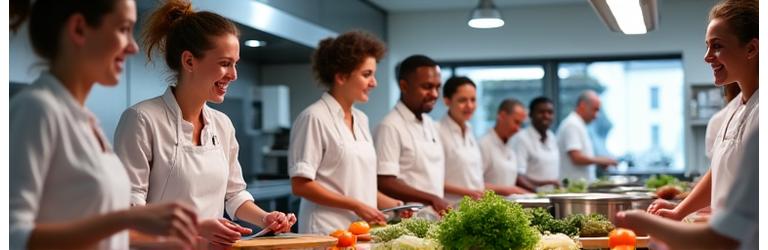 Équipe d'entreprise qui cuisine ensemble dans un atelier moderne, riant et collaborant