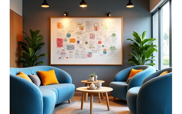 Coin de travail collaboratif confortable avec canapés et tableau blanc