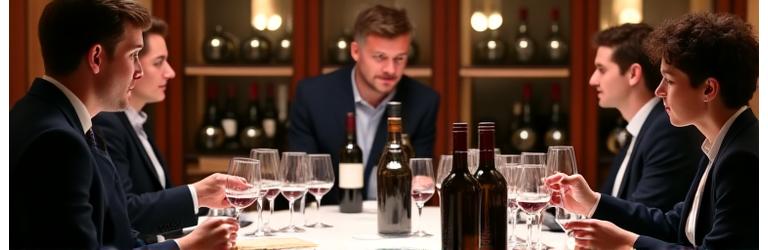 Groupe de professionnels dégustant du vin lors d'un cours d'oenologie avec un sommelier