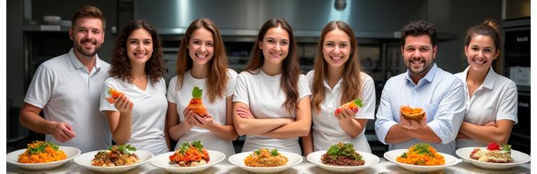 Participants à un défi culinaire créatif, présentant leurs plats avec enthousiasme