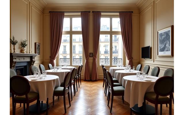 Salon de réunion élégant avec tables rondes et équipement audiovisuel intégré