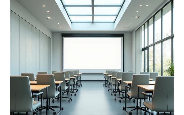 Salle de conférence moderne avec disposition en U, projecteur et excellente luminosité