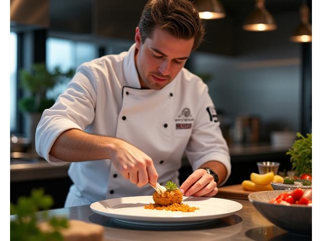 Chef privé préparant un plat dans une cuisine élégante